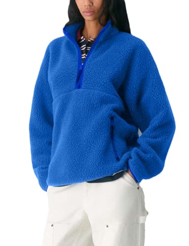 Aimiray Fleece Pullover Women Long Sleeve Half Zip Sherpa Jacket Warm Trendy Teddy Fall Sweatshirts with Side Pockets(Kleinblue-S)
