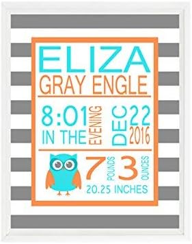 Owl Birth Stat Wall Art, Owl Nursery, Baby Boy Nursery, Baby Girl, Orange Turquoise Gray, Personalized Birth Stats, Baby Announcement, Gift