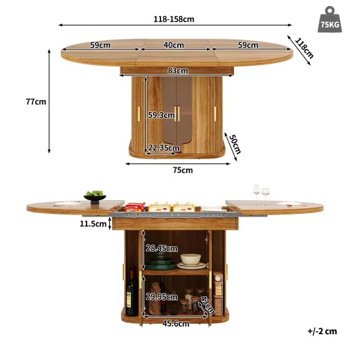 Table à manger ronde extensible 118-158 cm, table de cuisine ovale avec façades en verre ambré et espace de rangement, télescopique pour jusqu'à 6 personnes, noyer