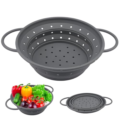 Passoire Pliable en Silicone Sans BPA avec Poignée, Lavable au Lave-vaisselle, Égouttoir Rétractable pour Pâtes, Légumes, Fruits - Gris