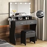 Vabches Vanity Desk with Mirror and Lights,Makeup Vanity with Storage Chair & Drawers,9 Hollywood Bulbs & 3 Lighting Modes,Dressing Table Set with Power Strip for Girls Bedroom,Black