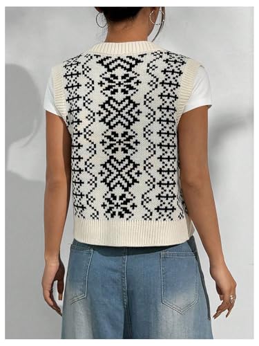 Image of MakeMeChic Women's Geo Print Cable Knit Sweater Vest Button Front Sleeveless V Neck Top Multicolor Medium