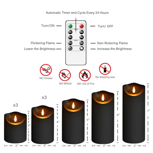Image of Eebuss Flameless Candles with Remote Timer, Battery Operated Realistic Flickering LED Candles, 9 Packs Fake Candles for Home Decor (D3 x H 3 inch 4 inch 5 inch 6 inch 7 inch) (Black)