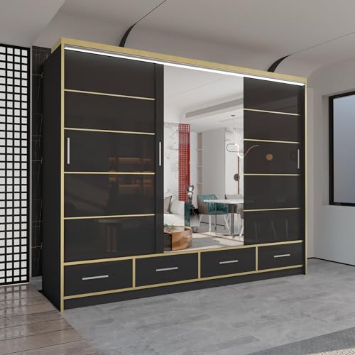MN Furniture Sudenia High Gloss 2 & 3 Sliding Doors Wardrobe with Mirror, Drawers Cabinet with Storage Cabinets Hanging Rails Art Decor Closet in White, Black and Grey (Black, 253cm)