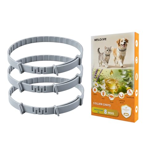 Meloive Collier Antipuces et Anti-tiques pour Chats, 3 Pièces, Traitement Naturel et Jusqu'à 8...