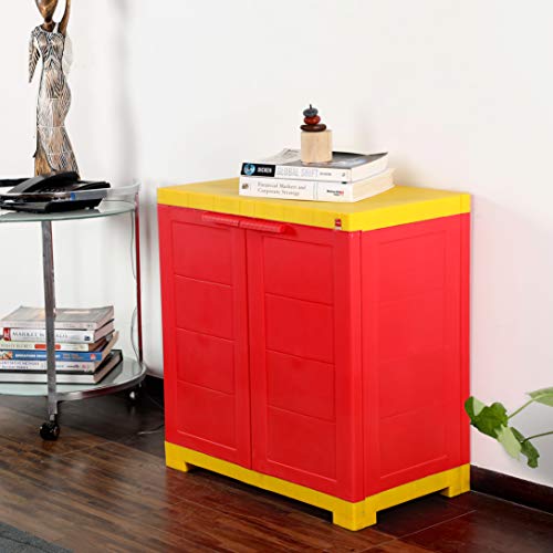 Image of Cello Novelty Compact Plastic Cabinet with Dustproof Doors| 3 Year Warranty | Almirah, Cupboard, Wardrobe for Home, Living Room, Bedroom, Kitchen, Office, Outdoor| Red & Yellow Colour