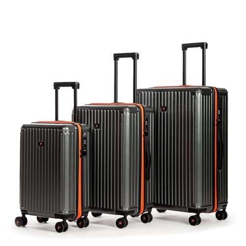 Image of Hard Polycarbonate Luggage Trolley Bag | 8 Wheels 360 Double Spinner Suitcase with Coffee Holder & Mobile Stand | 5 Years Warranty - Smoky Sky, Set of 3 (Cabin+Medium+Large) (54+64+74 cm)