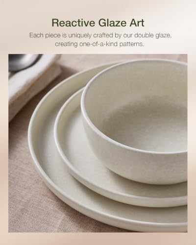 Image of Famiware Milkyway Stoneware Dinnerware Sets with Mugs, Service for 6 (24 Pieces), Reactive Glaze Plates and Bowls Sets, Microwave and Dishwasher Safe Dishes Set, Matte Beige White