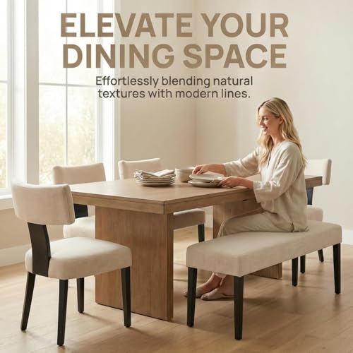 Image of HNY Mid Century Modern Farmhouse Dining Chairs Set of 6, Linen Upholstered Accent Curved Backrest Kitchen Chairs, with Black Hardwood Frame, Beige