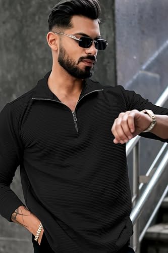 Image of KAJARU Men's Quarter Zip Pullover T-Shirt, Textured Ribbed Long Sleeve, Casual Mock Neck