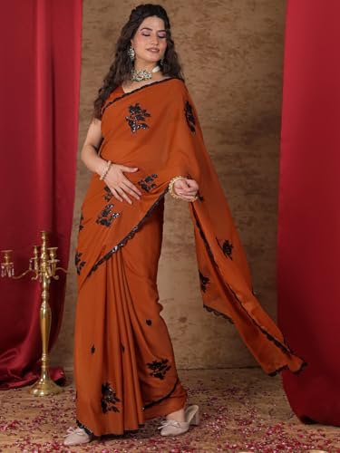 Image of Satrani Women's Shimmer Georgette Sequins Embroidery Saree with Unstitched Blouse Piece