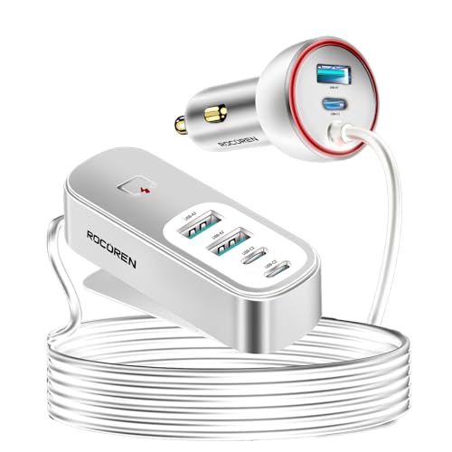 Rocoren Car Charger 105W, Car Van Accessories, 6 in 1 PD35W QC3.0 Fast Charge Multi USB C Car Charger Adapter with LED and 1.5m Cord for 12V-24V Socket Compatible with iPhone, Android, Laptop - White