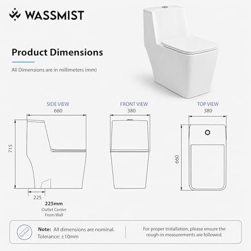 Image of WASSMIST Commode Toilet | One Piece Western Toilet for Bathroom with 10 Year Glaze Warranty | PP Soft Close Seat Cover | 225 mm S Trap