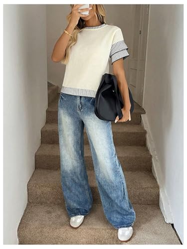 Milumia Women's Ruffle Short Sleeve Crew Neck Knit Top Striped Trim Sweater4