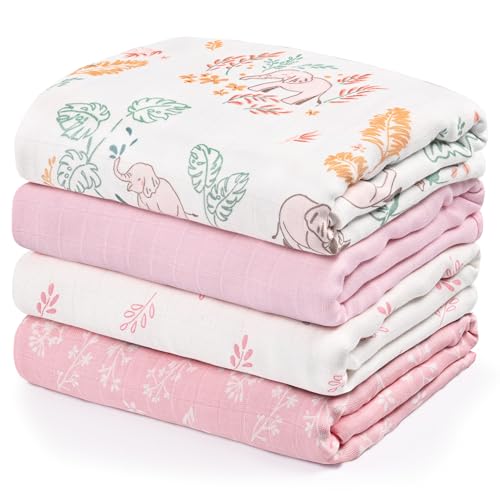 GLLQUEN BABY Muslin Swaddle Blankets 4-Pack Breathable Receiving Blankets (35' x 40') Soft Baby Blankets for Girls and Boys Newborn Essentials Muslin Burp Cloths Swaddle Wrap Baby Gift(Pink Elephant)