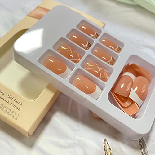 24 Pcs French Tip Press On Nails Short Square False Nails White Gold Lines Fake Nails With Gold Glitter Designs Glue On Nails Nude Pink Full Cover Sticker On Nails Acrylic Artificial Nails For Women #TOP2