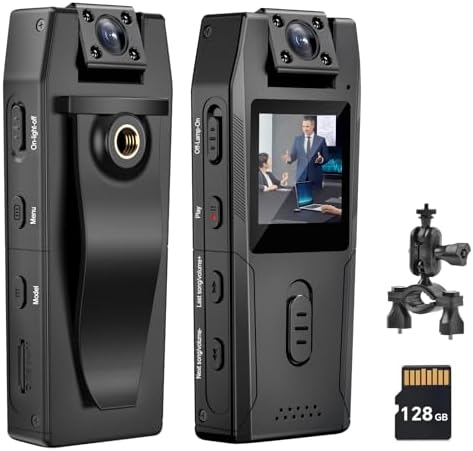 Bodycam Hersance 1080P Avec Vision Nuit - 128Go - 180° Rotatable - Audio/Video
