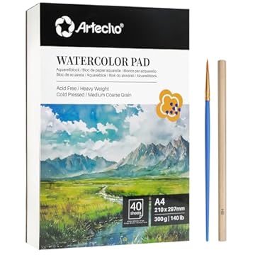 Artecho Watercolour Paper A4 Pad 40 Sheets with Watercolour Brush and Pencil, Water Colour Paper 300gsm, Art Paper Pad, Watercolour Sketchbook for Painting, Drawing, Sketching and Mixed Media