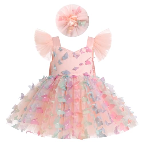 Baby Girl Butterfly Dress Flutter Sleeve Princess Tulle Tutu Dress with Flower Headband Birthday Party Dress