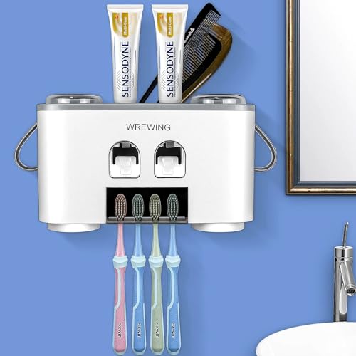 Toothbrush Holder for Bathrooms, Multi-Functional Toothbrush and Toothpaste Dispenser Wall Mounted, Toothbrush Holders with 4 Toothbrush Slots, 2 Toothpaste Squeezers and 4 Cups (Gray)