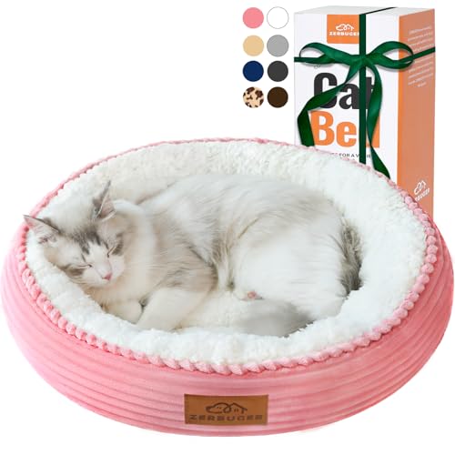 20in Washable Cat Beds for Indoor Cats – Round Donut Pet Bed for Cats, Small Dogs, Puppy, Kitten – Anti-Slip Bottom, Calming Bed Gift – Pink