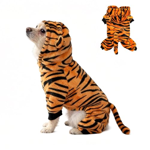 CELONROMF Tiger Striped Pet Hooded Jumpsuit Soft Flannel Warm Pet Costume Four-Legged Pet Apparel for Small Dogs Cats Rabbits Foxes for Halloween Christmas Cosplay Daily Wear(Large Tiger)
