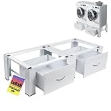 Doppel Untergestell mit 2 Schubladen | 2 Fach | 300KG Tragkraft | Doppel Sockel Podest für Waschmaschine und Trockner, Stabiler Unterbau Erhöhung Gestell aus Stahl, 32cm Hohe, Rutschfest Pads