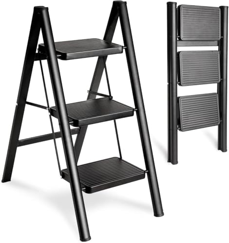 MOMENT Step Ladder Folding Step Stool Heavy Duty 330 Lbs Load Stepladder Small Kitchen/Closet Ladder for Adults/Kids Lightweight Step Ladder with Anti-Slip Wide Pedal for Home Black (3 Step)