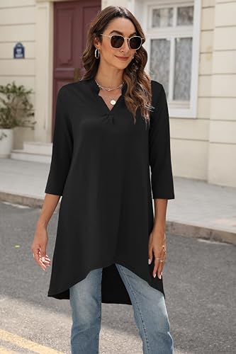 Naggoo Women's 3/4 Sleeve Notch V Neck High Low Loose Fit Long Tunic Tops Shirts Blouses M-3XL3