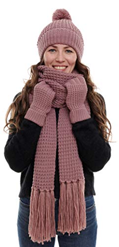 Hilltop Conjunto de Invierno de 3 Piezas Compuesto por Bufanda Tejida, Gorro y Guantes de Punto, Bufanda para Mujer XXL con Flecos con Gorro con Borla, conjunto de invierno:Old Rose
