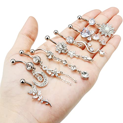 Vsnnsns 14G Belly Button Rings For Women Stainless Steel Cz Opal Long Dangle Belly Button Piercing Jewelry Belly Rings Bars Curved Navel Ring Barbell Body Jewelry Piercing For Women Men Silver 8Pcs #TOP6