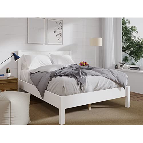 Dg Casa Modern Domaso Solid Wood Platform Bed Frame And Headboard With Chevron Design And Full Wooden Slats – Box Spring Not Required - White Low Profile Queen Size Bed Frame With Headboard #TOP2