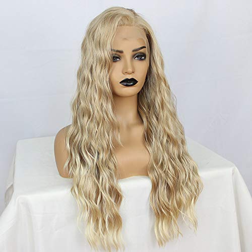 BestMio Natural Wavy Synthetic Lace Front Wigs Fashion Hair Water Wave Synthetic Hair Wigs Half Hand Tied Blonde Color