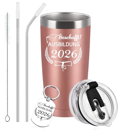 Diztoud Bestandene Prüfung Geschenk Ausbildung Prüfung Bestanden Ausbildung 2026 Geschafft Schulabschluss 20oz 600ml Doppelwandig Edelstahl Thermobecher mit Deckel und Strohhalm Schlüsselanhänger