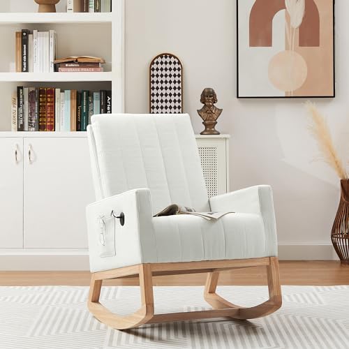 Image of VECELO Rocking Chair Nursery Upholstered Modern Glider Rocker with Padded Seat High Backrest USB Port Comfy Armchair and Side Pocket for Living Room Bedroom Balcony Offices, White