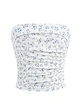 RoseSeek Girl's Ditsy Floral Strapless Tube Top Cute Sleeveless Ruched Ribbed Bandeau Tops Blue 10Y