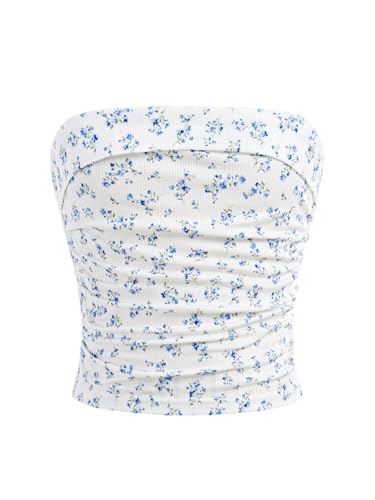 Girl's Ditsy Floral Strapless Tube Top Cute Sleeveless Ruched Ribbed Bandeau Tops