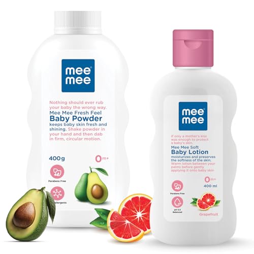 Image of Mee Mee Soft Baby Lotion and Fresh Feel Baby Powder 400 ml Each | Dermatologist-Approved | Rash-Resistant | Paraben-Free | Combo Pack of 2
