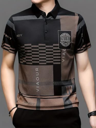 Image of Men's Irregular Geometric Pattern and Alphabet Print Sports Collar Tshirt (Rizim Temu Print Polo-Black)