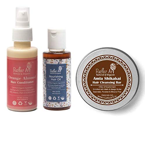 Rustic Art Organic Nourishing Hair Oil (100 ml), Orange Almond Hair Conditioner (100 ml) & Amala Shikakai Hair Cleansing Bar (Shampoo Bar) (75gm) - Combo Pack-image-25