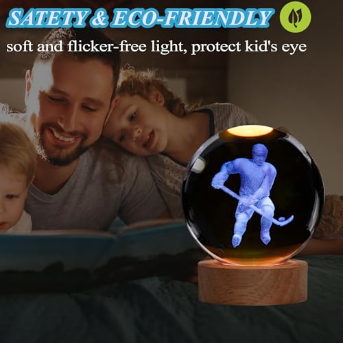 Image of Hockey Night Light, Ice Hockey Gifts, Hockey 3D Crystal Ball Night Light with Remote Upgraded 3.15 Inch Lamps with 16 Color for Birthday Xmas Cool Figurines Gifts for Room Decor Boys Girls