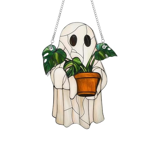 Cute Acrylic Ghost Plant Suncatcher Outdoor Hanging Ornaments Sun Catchers for Garden Creative Pendant Style Home Decor Ghost Design Window Decorations Flat Wall Art Decoration (A)