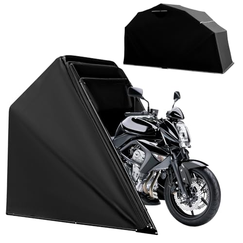 IRILIA Motorcycle Storage Shelter Shed 3.25x9FT Motorcycle Garage Tent Heavy Duty Vehicle Motorcycle Shed with 600D Oxford Fabric Cover with 2 Roll-Up Side Windows (Black M Size)