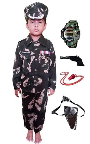 Army Dress for Kids| Indian Army and Police Costume for Kids| National Soldier Costume for Kids Boys and Girl Age 2-4-6-8 years (Free Army Watch Gift for kids)