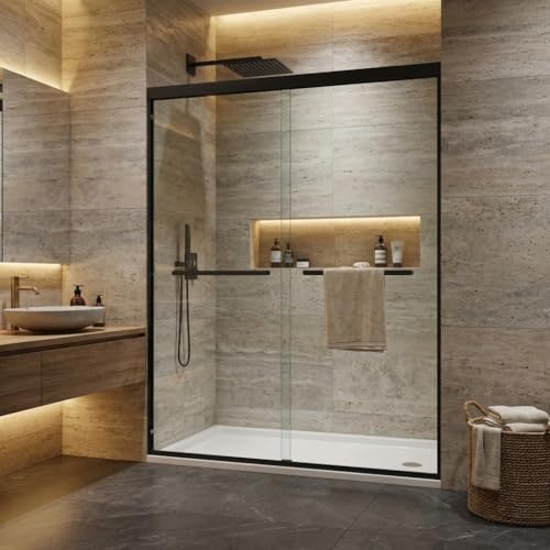 Image of 44-48 inch W x 72 inch H Sliding Shower Door, 6mm Tempered Glass with Square Rail, Double Sliding Design, Easy-Clean & Smooth Glide for Bathroom Remodel, Matte Black