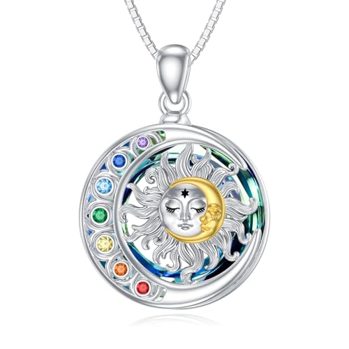PELOVNY Chakra Crystal Necklace for Women 925 Sterling Silver Triple Moon Goddess Hamsa Hand Lotus Tree of Life Flower of Life Pendant Necklace 7 Chakra Spiritual Jewelry Gifts for Mom Wife