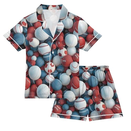 ALAZA Red Blue Ball Soccer Baseball Satin Pajamas Set Short Sleeve Button Down Sleepwear Summer Pjs 2 Piece