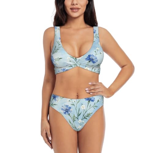 Maillot de bain deux pièces push-up bleu fleuri pour femme avec ses coussinets amovibles