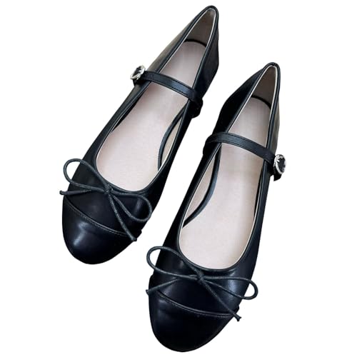 Image of TN TANGNEST Women's Mary Jane Flats Bow Ballet Shoes | Round Toe Flats with Buckle Strap Dressy Comfortable Faux Suede Flats