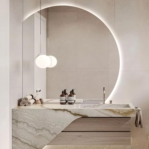 Miroir de salle de bain demi-lune à DEL incassable et rétroéclairé